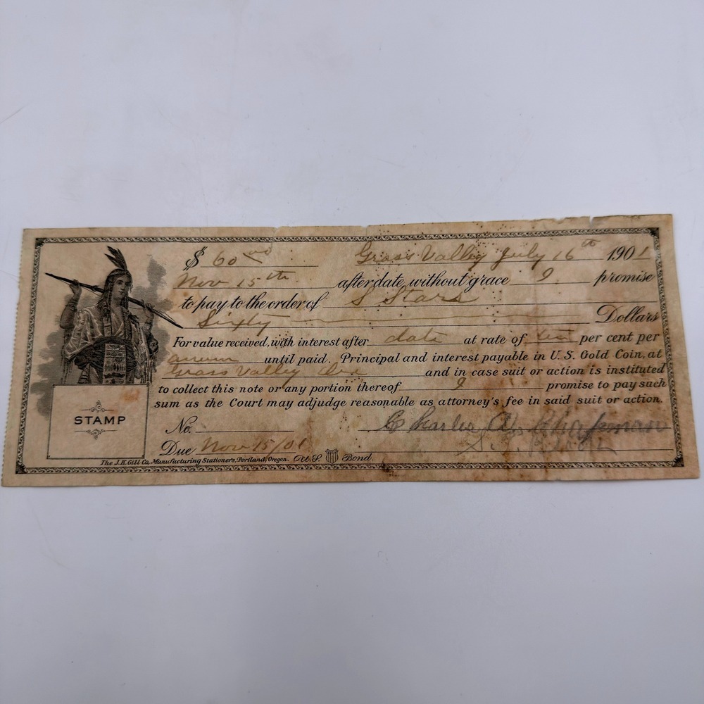 Antique 1901 Grass Valley Promissory Note Native American Vignette US Gold Coin